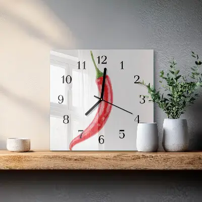 Čtvercové skleněné hodiny na zeď Chilli paprička