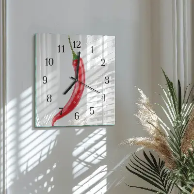 Čtvercové skleněné hodiny na zeď Chilli paprička