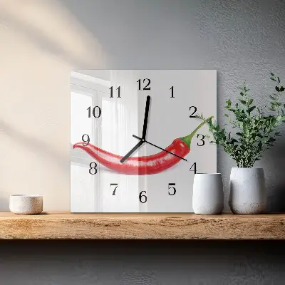Čtvercové skleněné hodiny na stěnu Chilli paprička