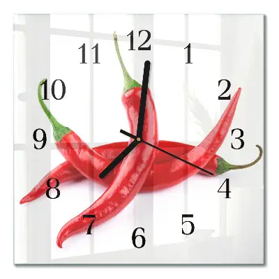 Čtvercové skleněné hodiny na zeď Chilli papričky