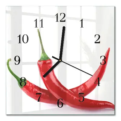Čtvercové skleněné hodiny na stěnu Chilli papričky