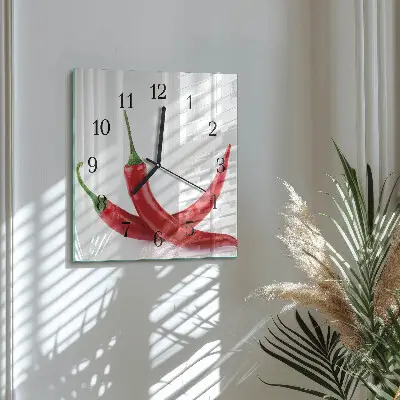 Čtvercové skleněné hodiny na stěnu Chilli papričky