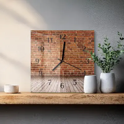 Čtvercové skleněné hodiny na stěnu Cihlová zeď