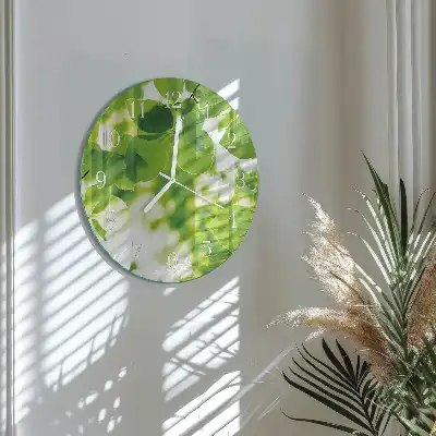 Kulaté skleněné hodiny na zeď Listy