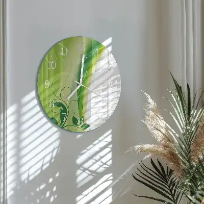 Kulaté skleněné hodiny na stěnu Květinový vzor