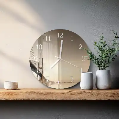 Kulaté skleněné hodiny na zeď Most v sépiové barvě