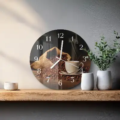 Hodiny s fotkou skleněné kulaté Kávová zrna
