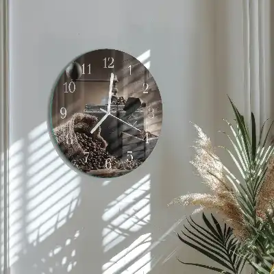 Kulaté skleněné hodiny na zeď Mlýnek na kávu
