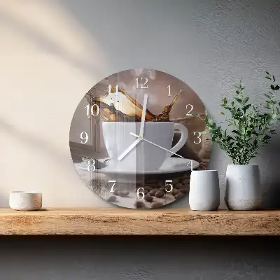 Kulaté skleněné hodiny na zeď Káva