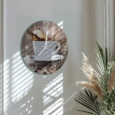 Kulaté skleněné hodiny na zeď Káva