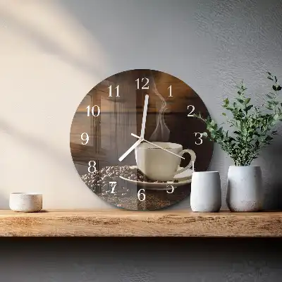 Kulaté skleněné hodiny na stěnu Káva