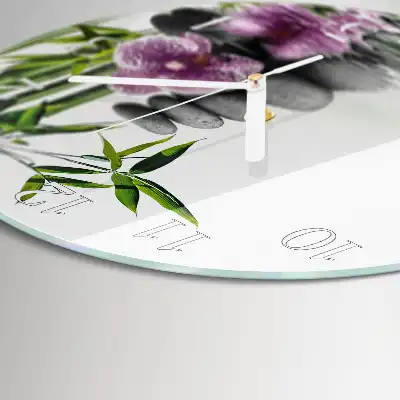 Kulaté skleněné hodiny na stěnu Kameny a orchidej