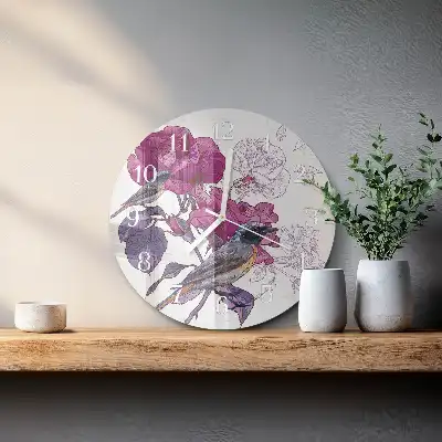 Hodiny s fotkou skleněné kulaté Ptáci a květiny