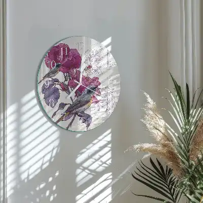 Hodiny s fotkou skleněné kulaté Ptáci a květiny