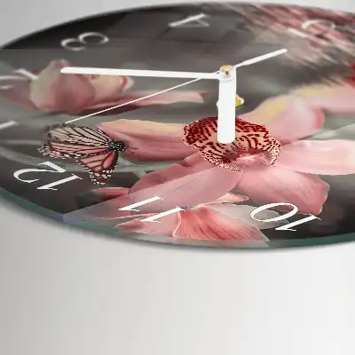 Kulaté skleněné hodiny na stěnu Orchidej