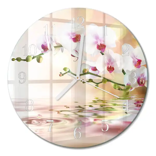 Kulaté skleněné hodiny na zeď Orchidej