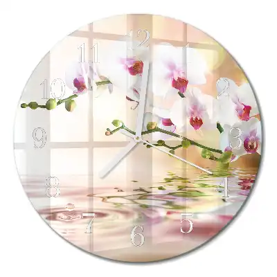 Kulaté skleněné hodiny na zeď Orchidej