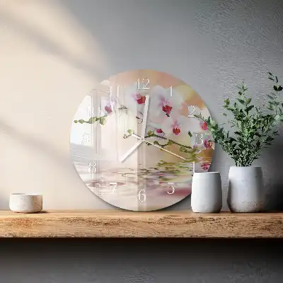 Kulaté skleněné hodiny na zeď Orchidej
