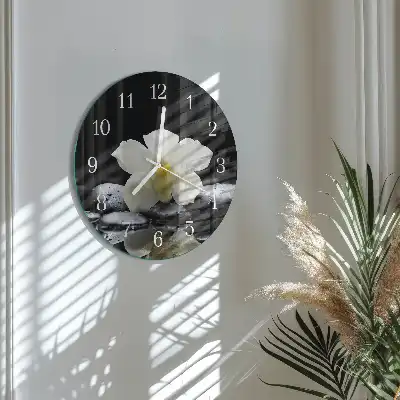 Nástěnné hodiny skleněné kulaté Kameny a orchidej
