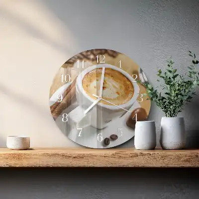 Kulaté skleněné hodiny na zeď Káva