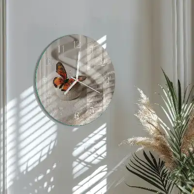 Kulaté skleněné hodiny na zeď Motýl