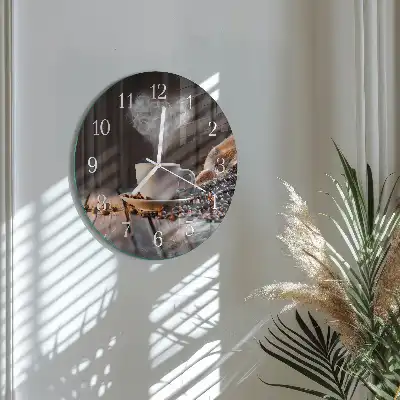 Nástěnné hodiny skleněné kulaté Láska ke kávě