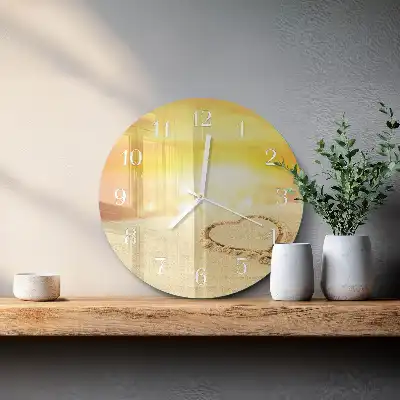 Kulaté skleněné hodiny na zeď Srdce v písku
