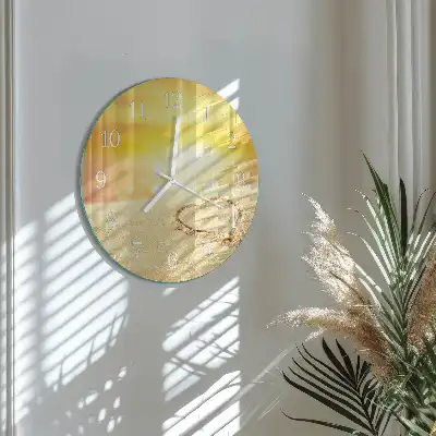 Kulaté skleněné hodiny na zeď Srdce v písku