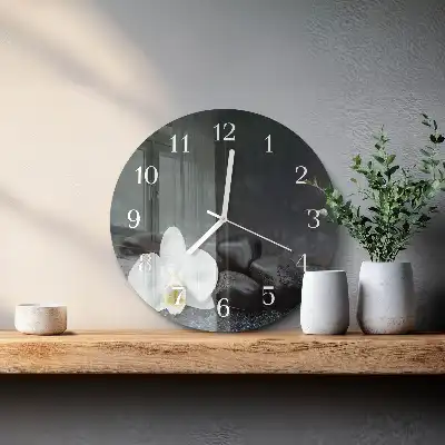 Nástěnné hodiny skleněné kulaté Květina a kameny