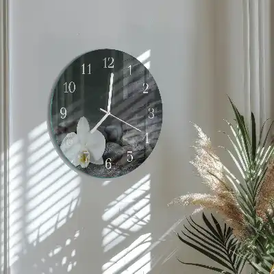 Nástěnné hodiny skleněné kulaté Květina a kameny