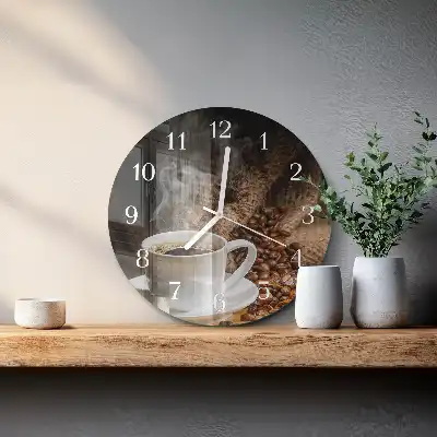 Kulaté skleněné hodiny na stěnu Káva
