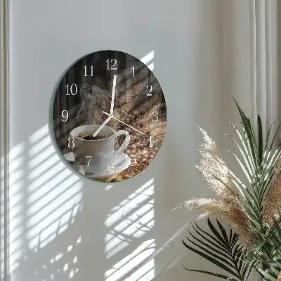 Kulaté skleněné hodiny na stěnu Káva