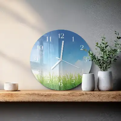 Kulaté skleněné hodiny na zeď Tráva