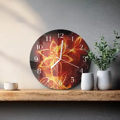 Kulaté skleněné hodiny na zeď Ohnivá květina