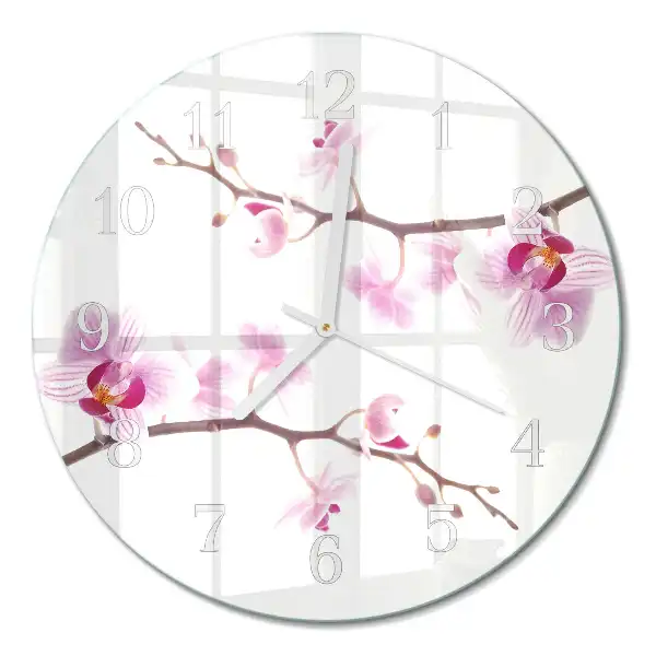 Kulaté skleněné hodiny na stěnu Orchidej