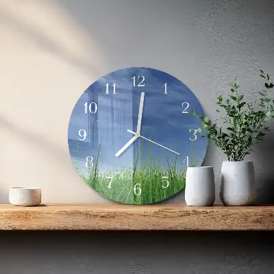 Kulaté skleněné hodiny na stěnu Tráva
