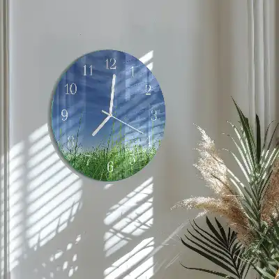 Kulaté skleněné hodiny na stěnu Tráva