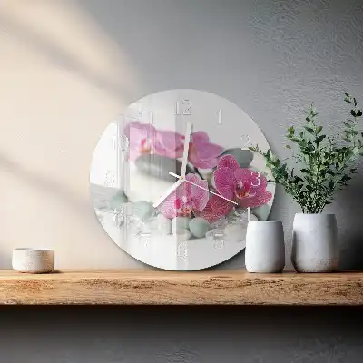 Kulaté skleněné hodiny na stěnu Orchideje