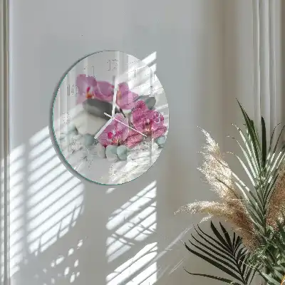 Kulaté skleněné hodiny na stěnu Orchideje