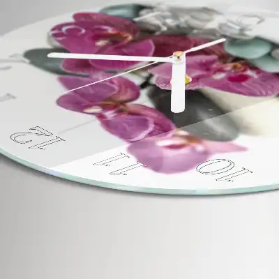 Kulaté skleněné hodiny na stěnu Orchideje