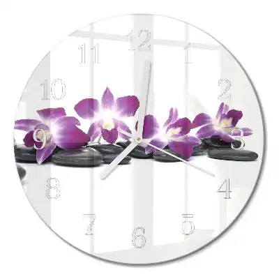 Kulaté skleněné hodiny na stěnu Orchidej