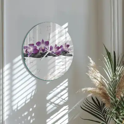 Kulaté skleněné hodiny na stěnu Orchidej