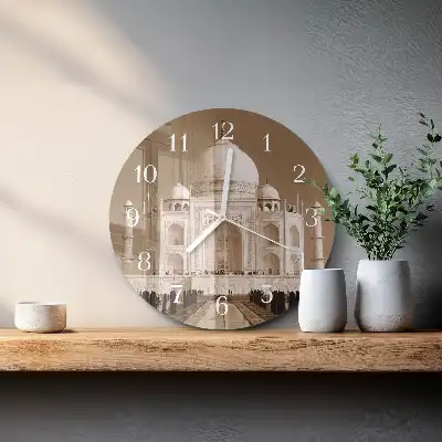 Nástěnné hodiny skleněné kulaté Tádž Mahal v sépiové barvě