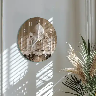 Nástěnné hodiny skleněné kulaté Tádž Mahal v sépiové barvě