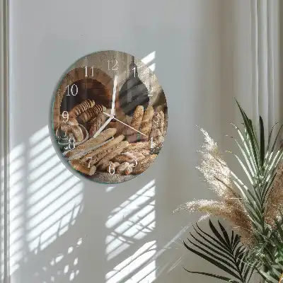 Kulaté skleněné hodiny na zeď Chléb