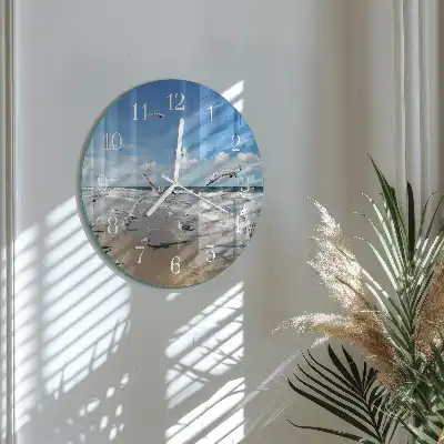 Kulaté skleněné hodiny na zeď Rackové na pláži