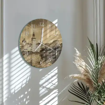 Hodiny na skle kulaté Hrad v sépiovém odstínu