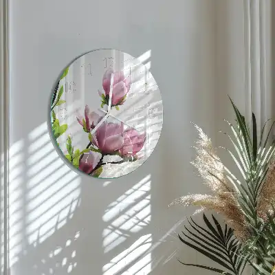 Hodiny na skle kulaté Květ magnólie