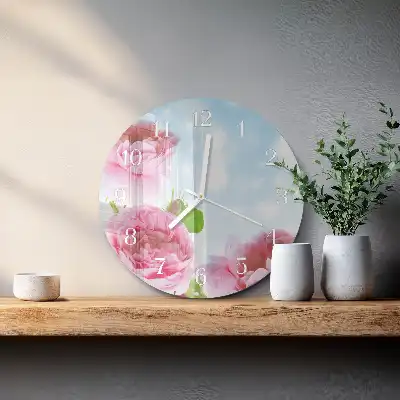Hodiny s fotkou skleněné kulaté Pivoňky