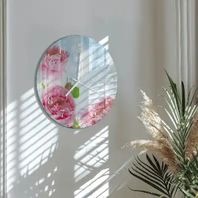 Hodiny s fotkou skleněné kulaté Pivoňky